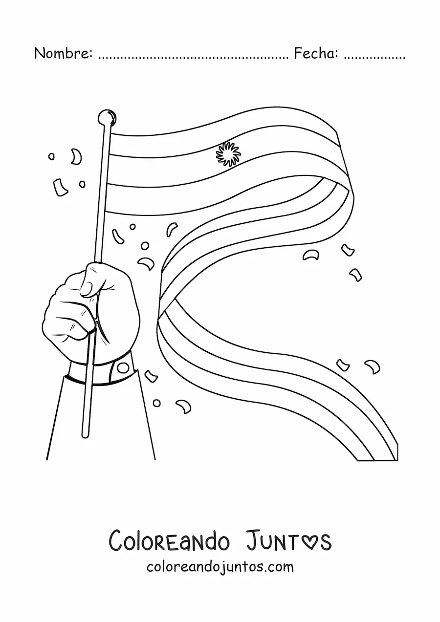 Imagen para colorear de una mano sosteniendo la bandera de Argentina ondeando