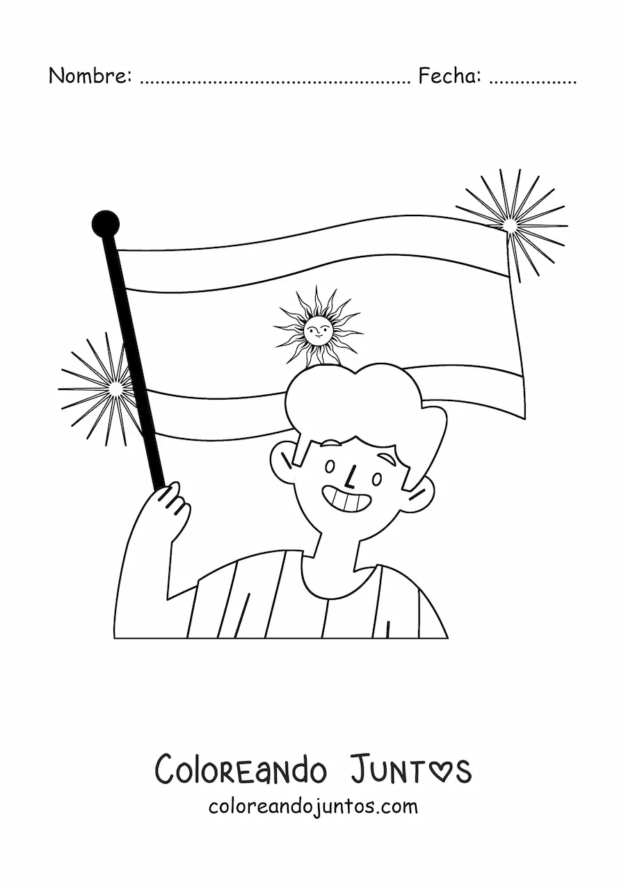 Imagen para colorear de un chico sosteniendo la bandera de Argentina