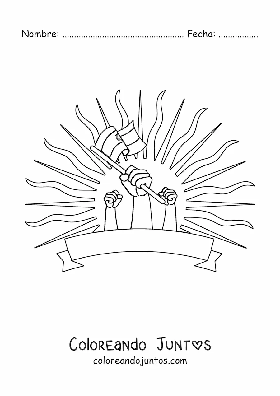 Imagen para colorear de manos sosteniendo la bandera de Argentina con Sol de fondo