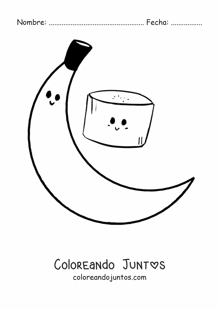 Imagen para colorear de una banana kawaii entera junto a un trozo de banana kawaii