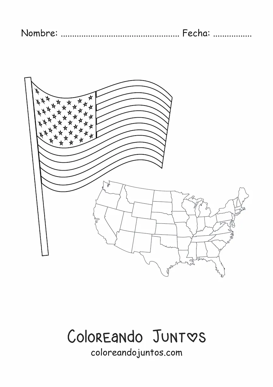 Imagen para colorear de la bandera de Estados Unidos junto a un mapa