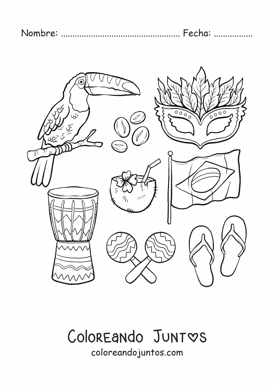 Imagen para colorear de la bandera de Brasil, un tucán, un tambor, unas maracas, un coco y una máscara