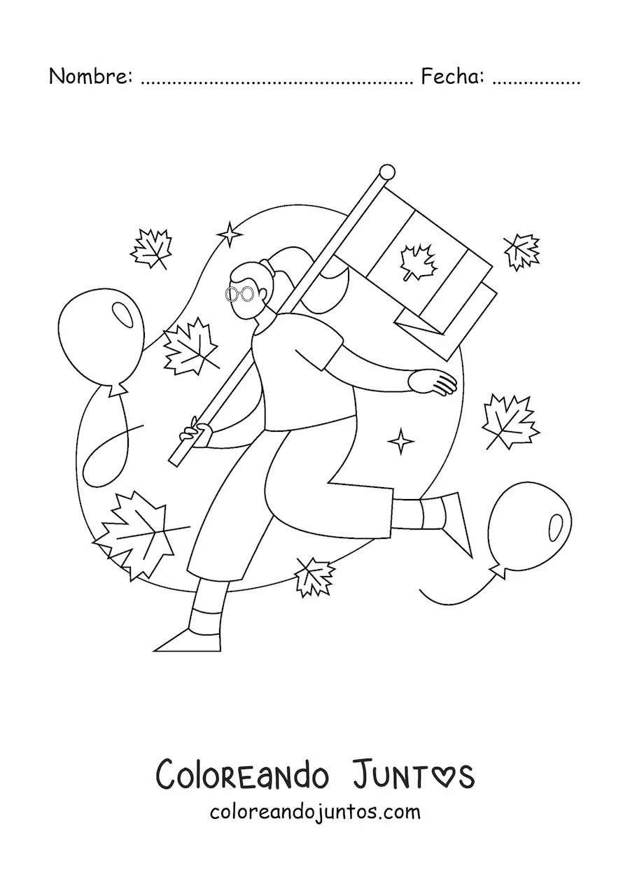 Imagen para colorear de una chica sosteniendo las bandera de Canadá y hojas
