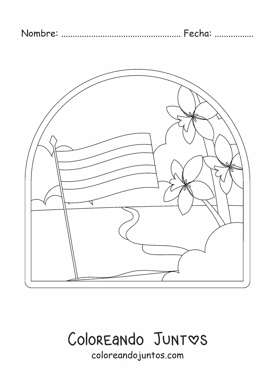 Imagen para colorear de la bandera de Costa Rica en paisaje con flor nacional