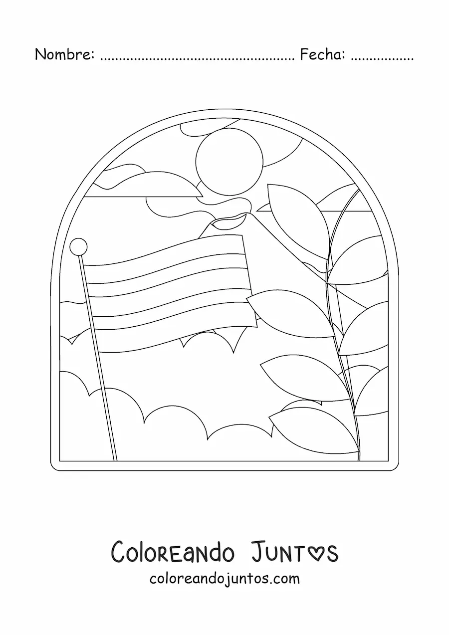 Imagen para colorear de la bandera de Costa Rica en paisaje con volcán