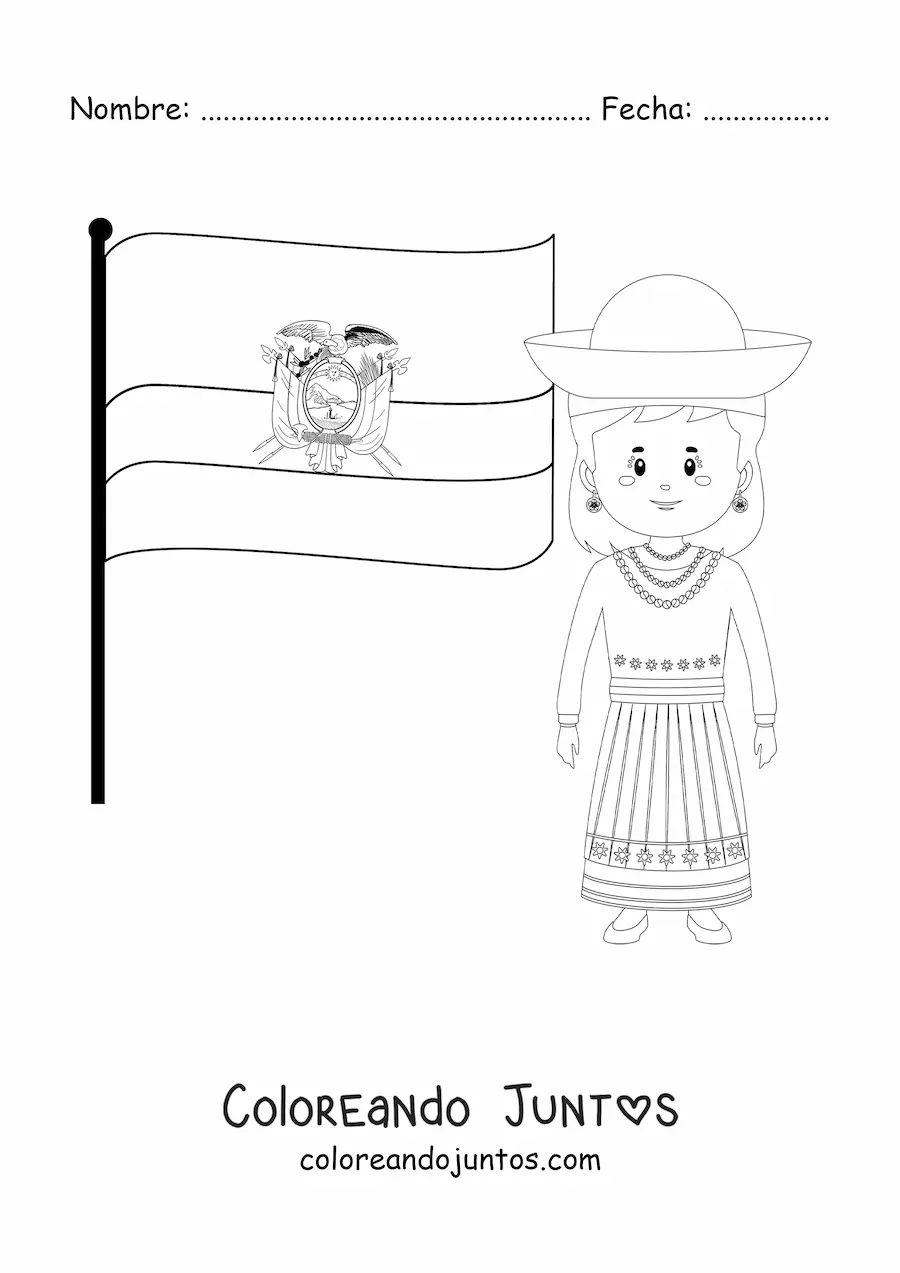 Imagen para colorear de mujer con la bandera de Ecuador