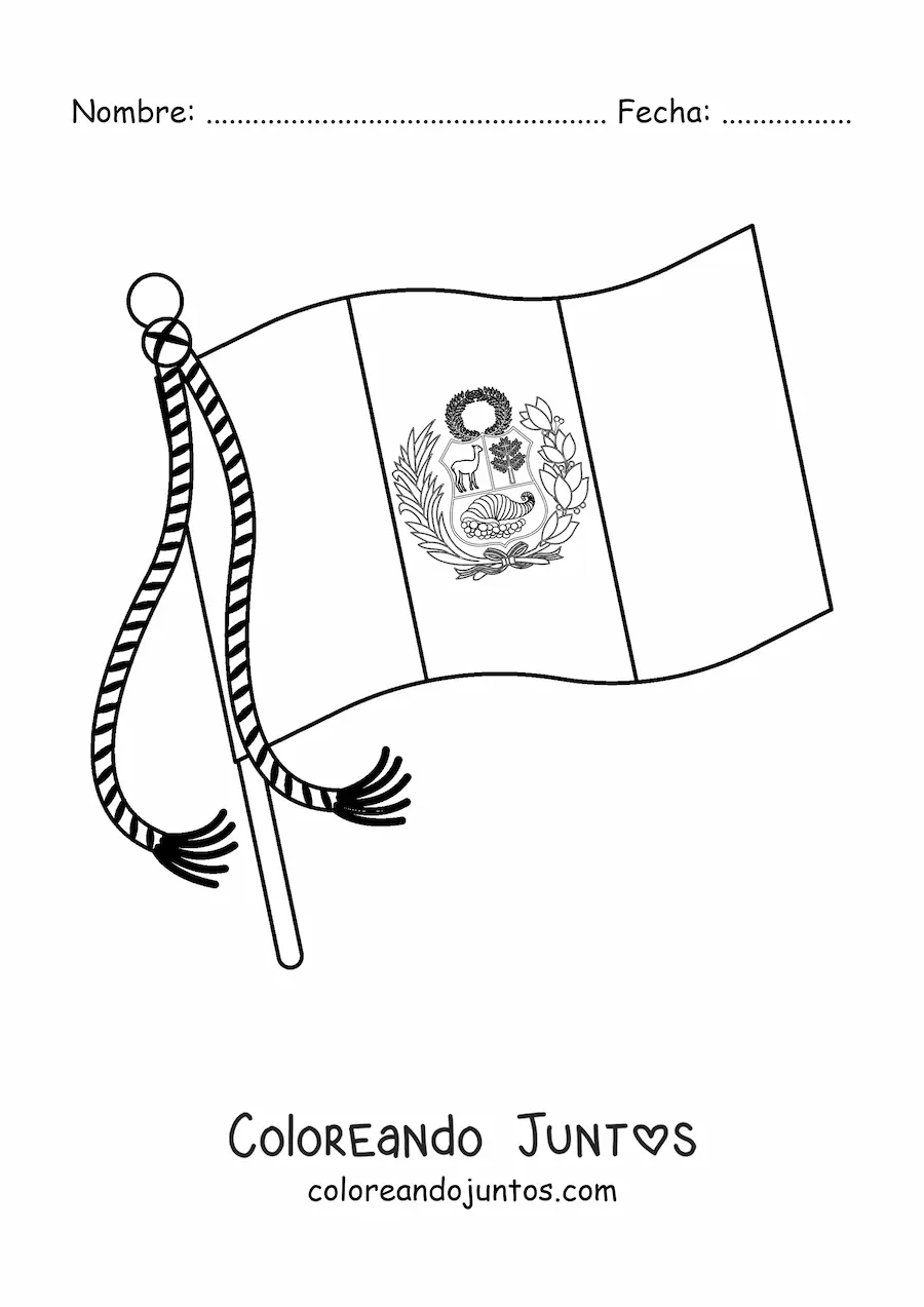 Imagen para colorear de bandera de perú con escudo ondeando en un asta