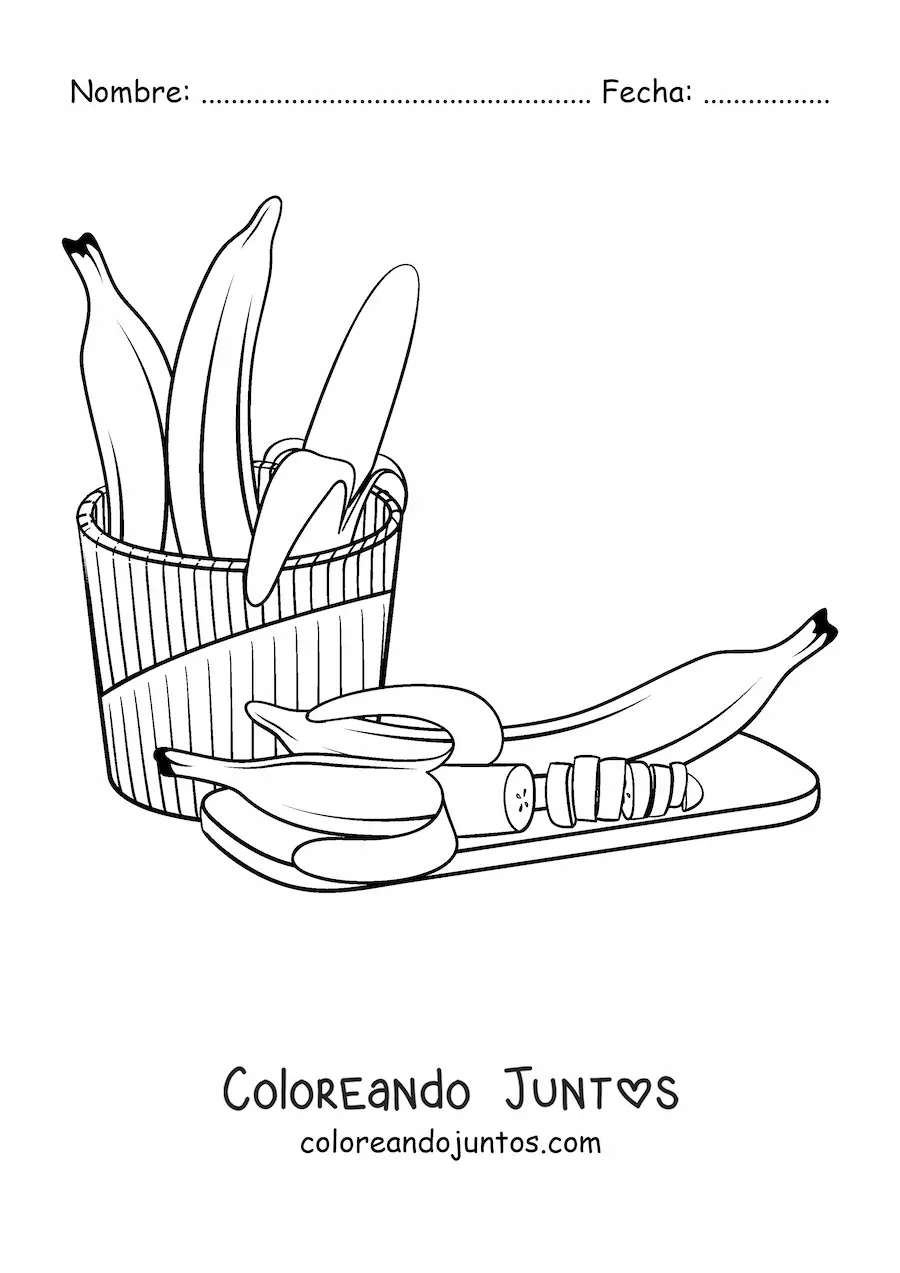Imagen para colorear de varias bananas junto a una banana cortada en trozos