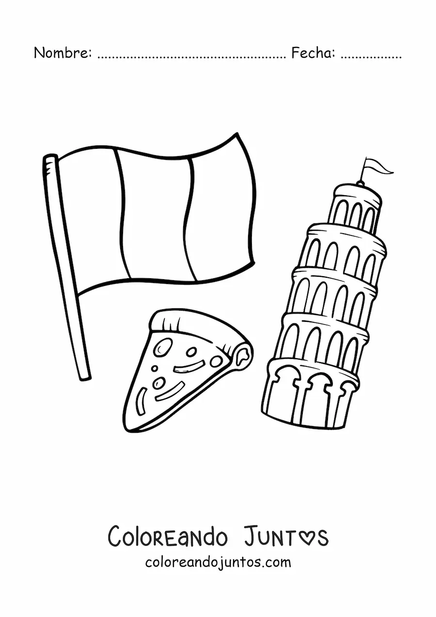 Imagen para colorear de bandera de italia con pizza y la torre de pisa