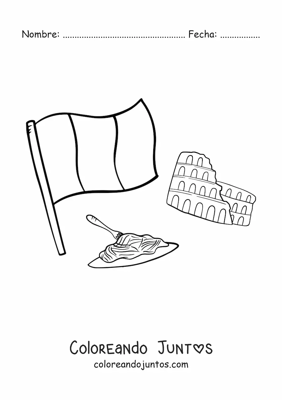Imagen para colorear de bandera de italia con pasta y el coliseo romano
