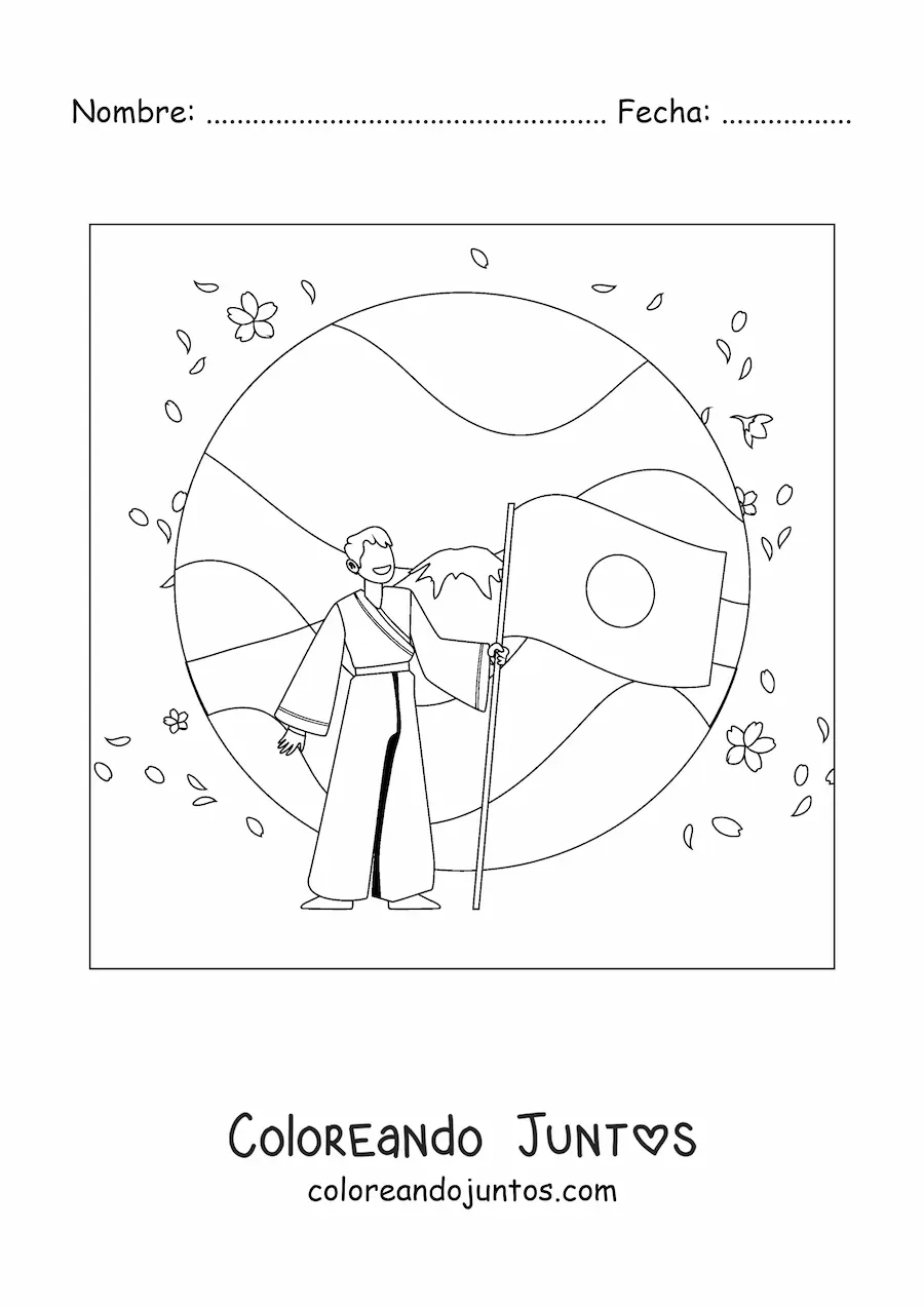 Imagen para colorear de chico con bandera de japón y paisaje
