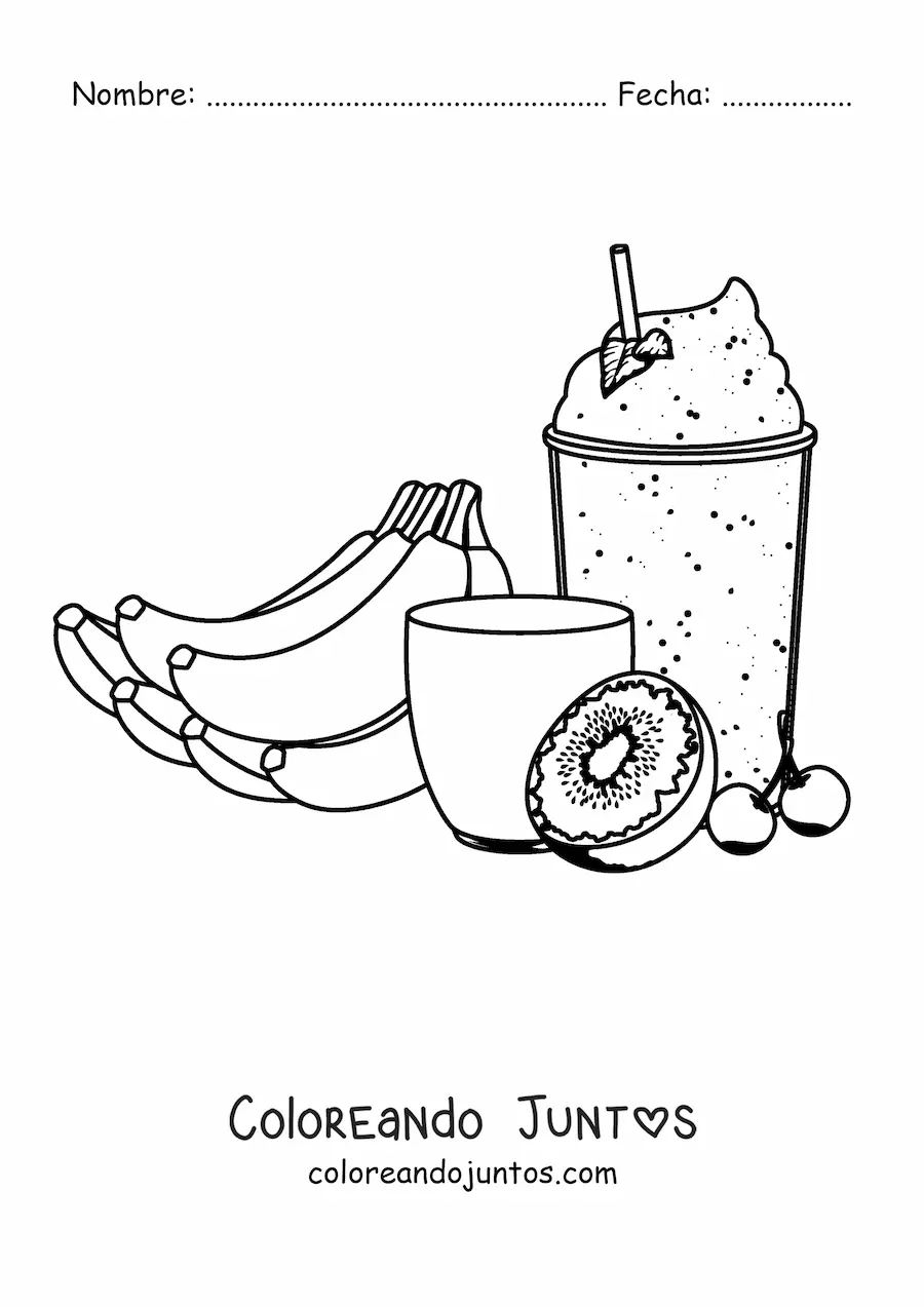 Imagen para colorear de un vaso con malteada de banana con kiwi y cereza