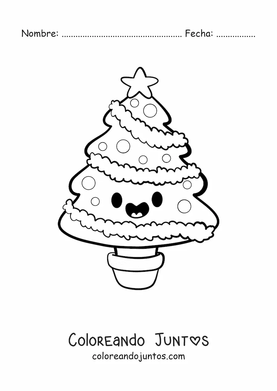 Imagen para colorear de un árbol de Navidad kawaii en maceta