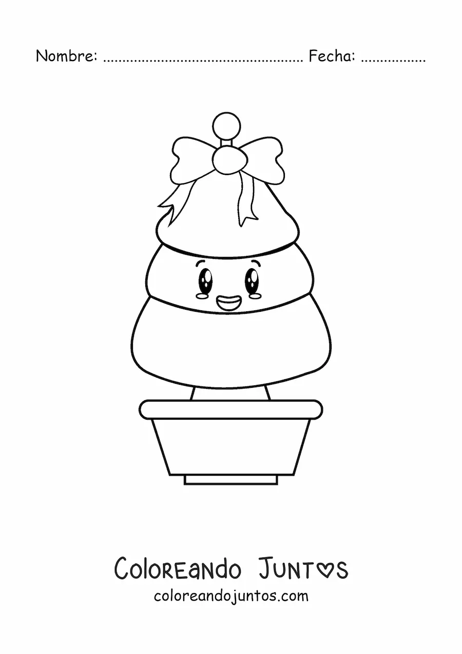 Imagen para colorear de un árbol navideño kawaii con lazo en una maceta