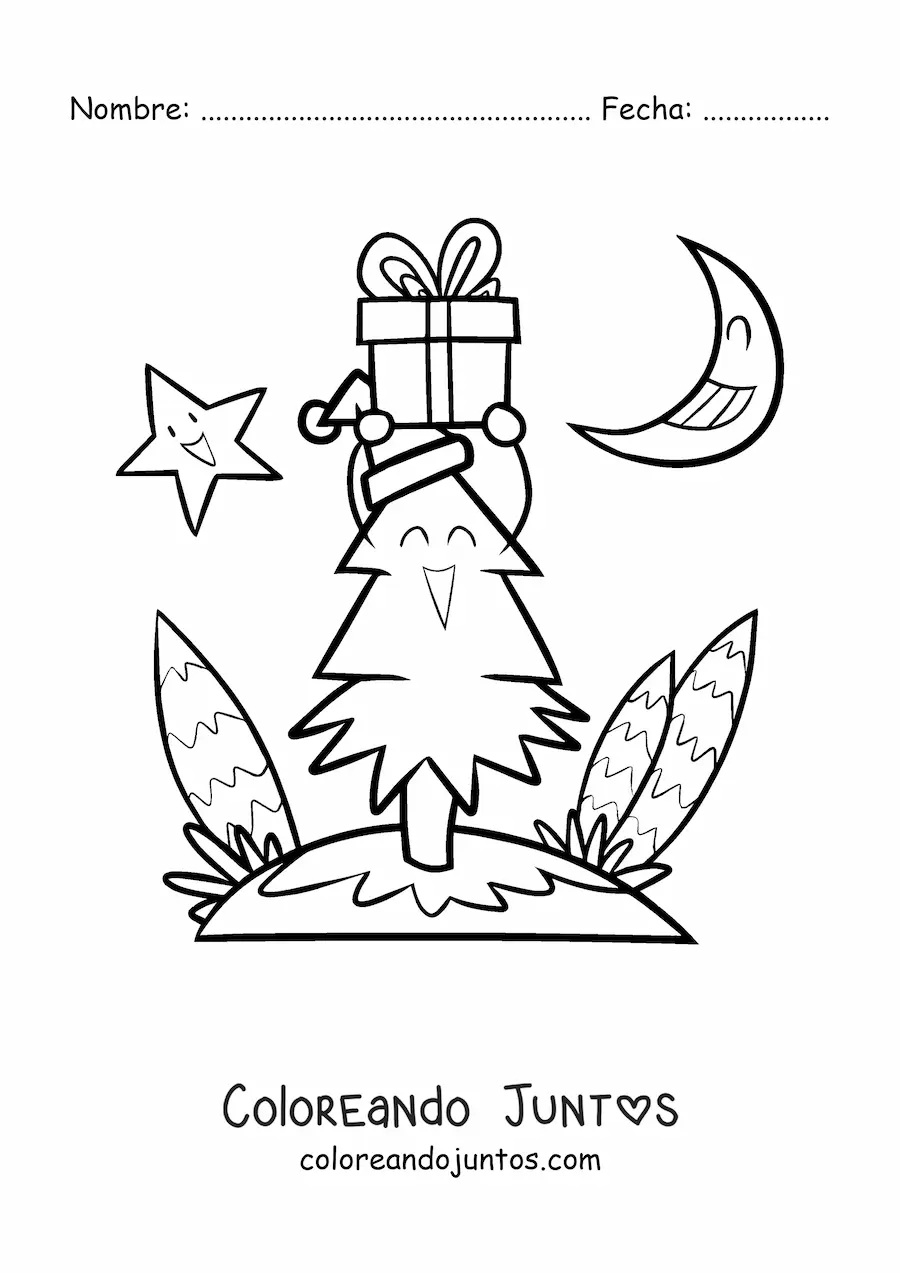 Imagen para colorear de un árbol navideño animado con regalo, con la Luna y una estrella de fondo