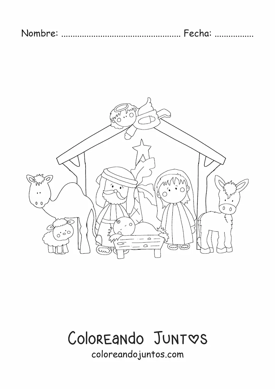 Imagen para colorear del nacimiento del niño Dios en el pesebre con mula, oveja y camello