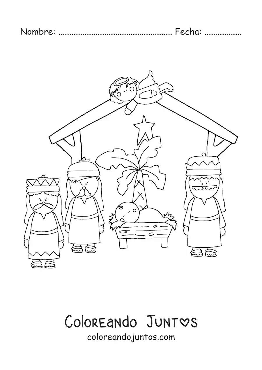 Imagen para colorear de los Reyes Magos y el ángel Gabriel con el niño Jesús en el pesebre