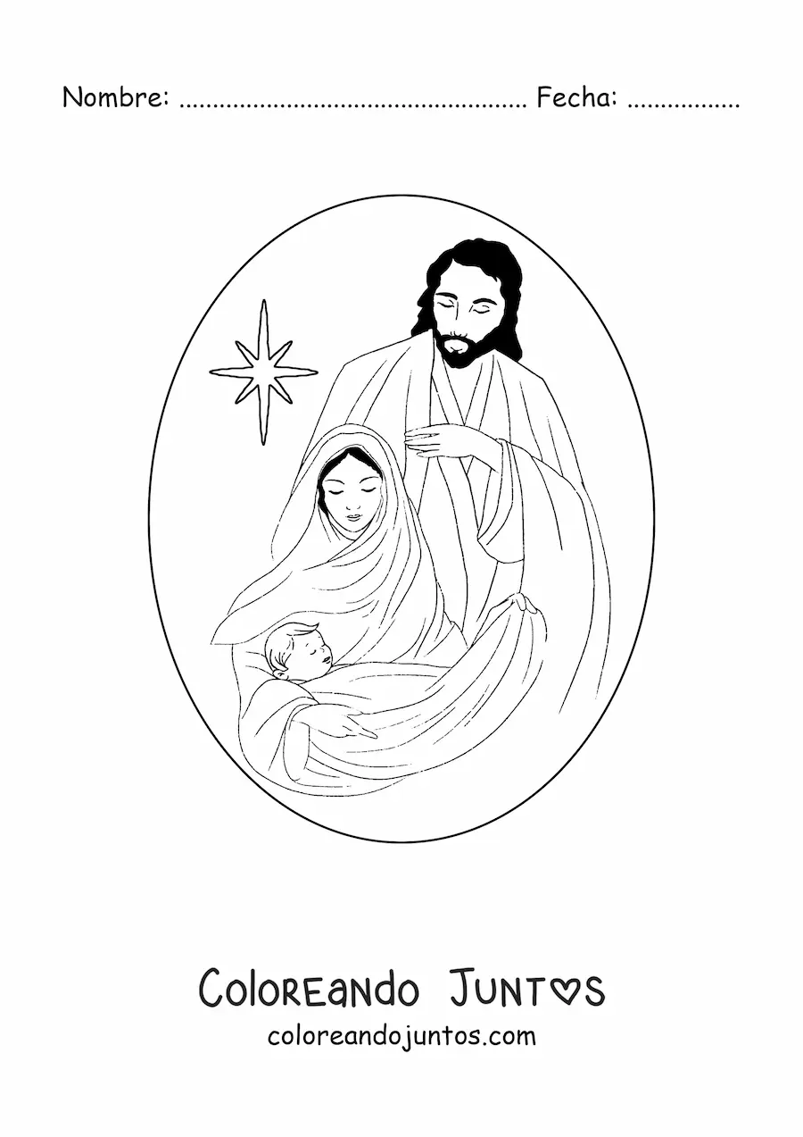 Imagen para colorear de María con José y Jesús y la estrella de un Belén
