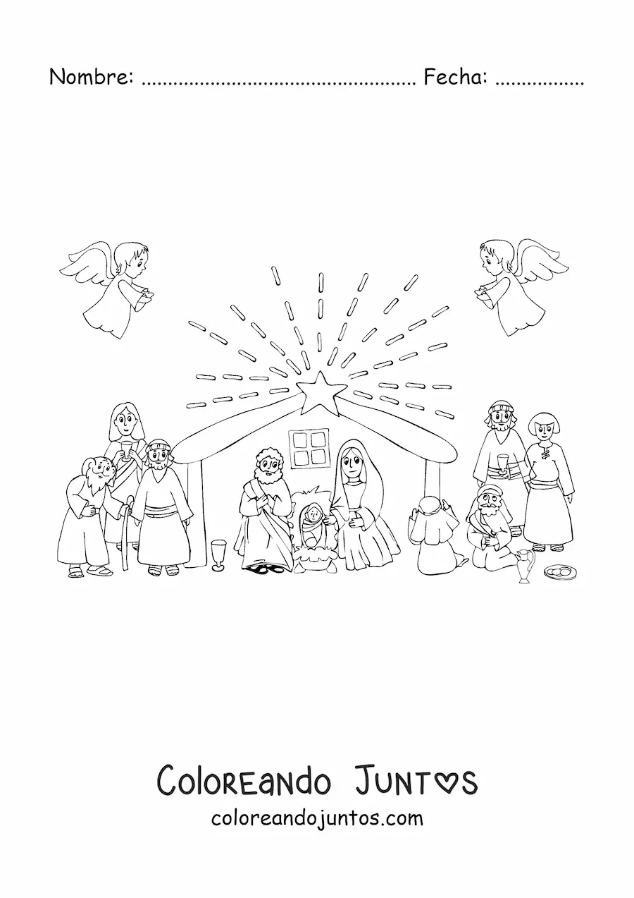 Imagen para colorear de un nacimiento animado con pastores y ángeles
