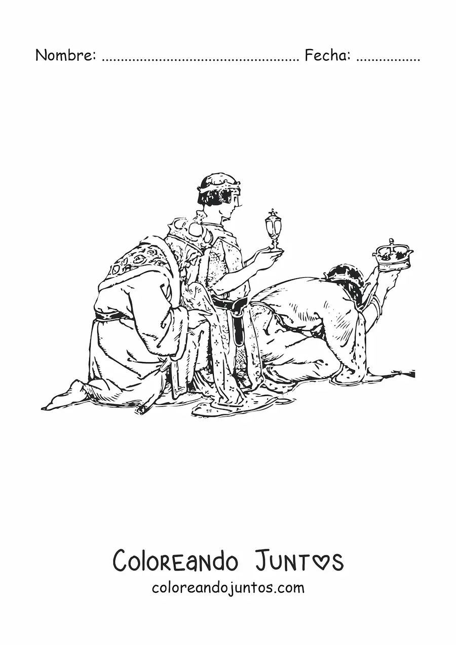 Imagen para colorear de los Reyes Magos realistas con regalos