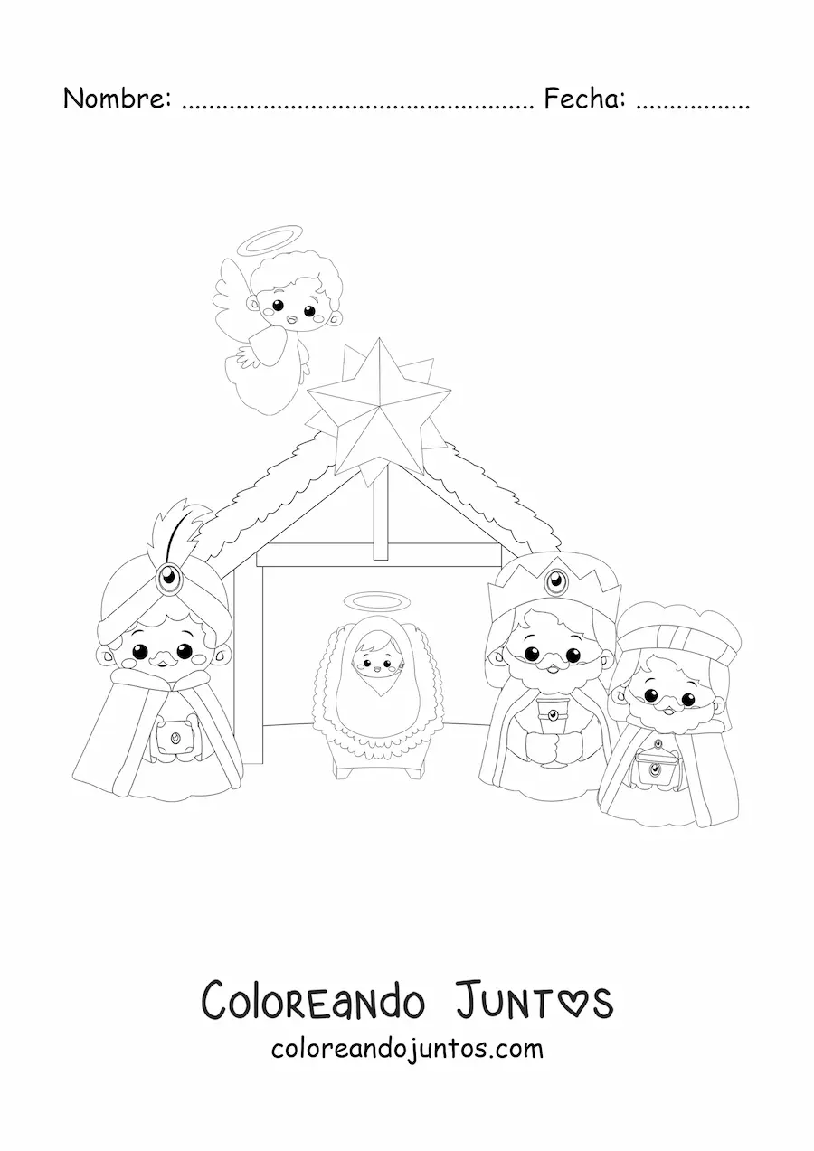 Imagen para colorear de los Reyes Magos kawaii con el niño Jesús