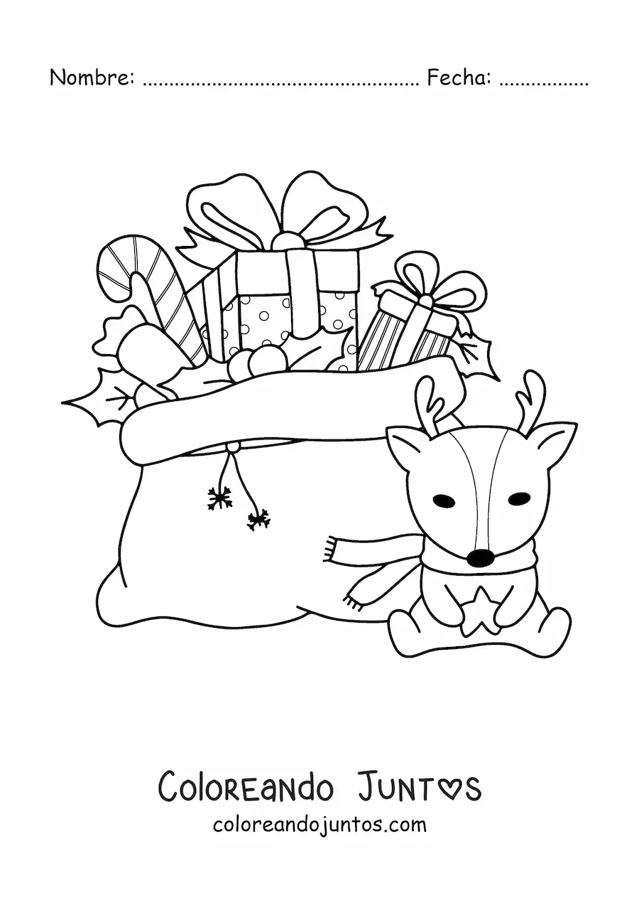 Imagen para colorear de saco de regalos navideños y peluche de reno