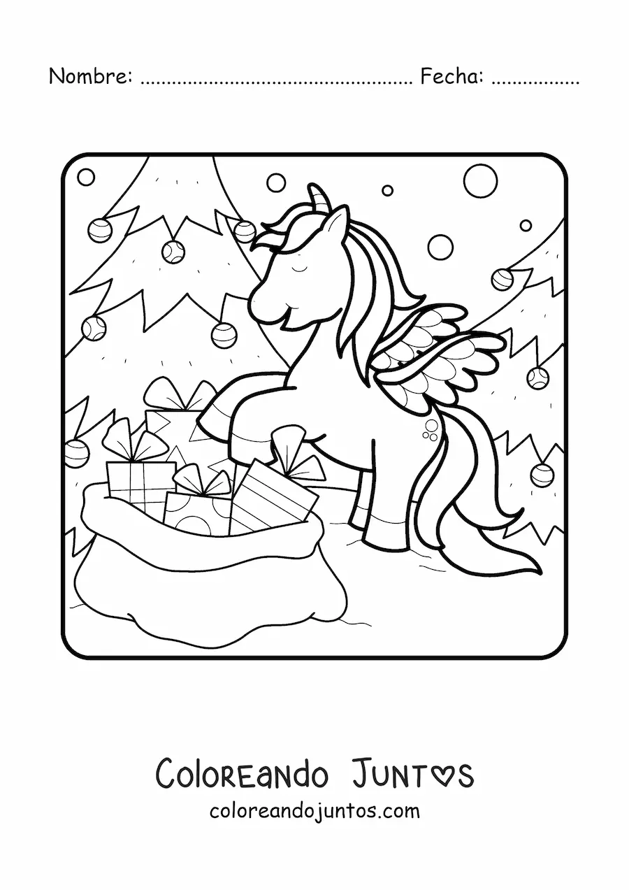 Imagen para colorear de unicornio con saco de regalos