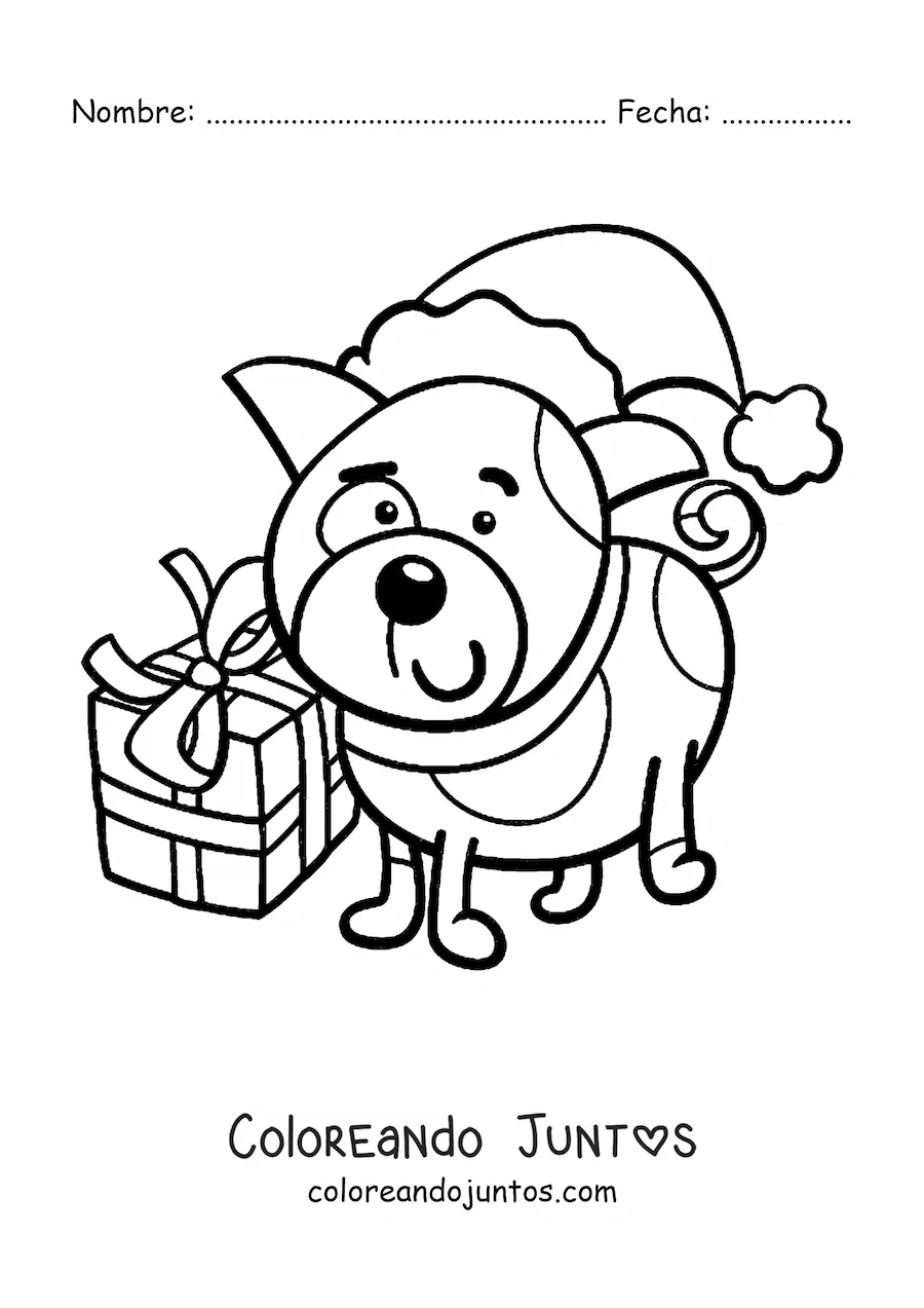 Imagen para colorear de perro con regalo de Navidad