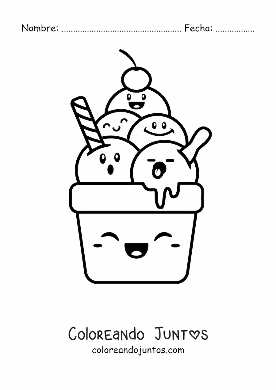 Imagen para colorear de un helado de varios sabores animado kawaii