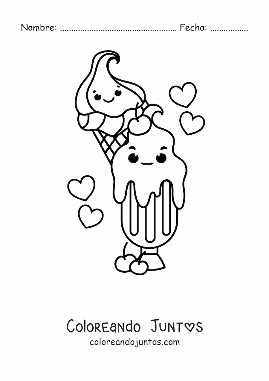 Imagen para colorear de un helado de copa junto a uno de barquilla kawaii