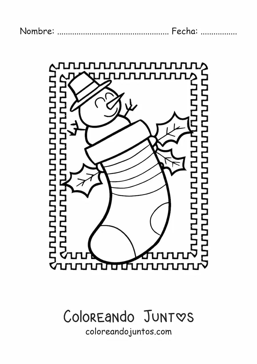 Imagen para colorear de calcetín de Navidad con hombre de nieve animado