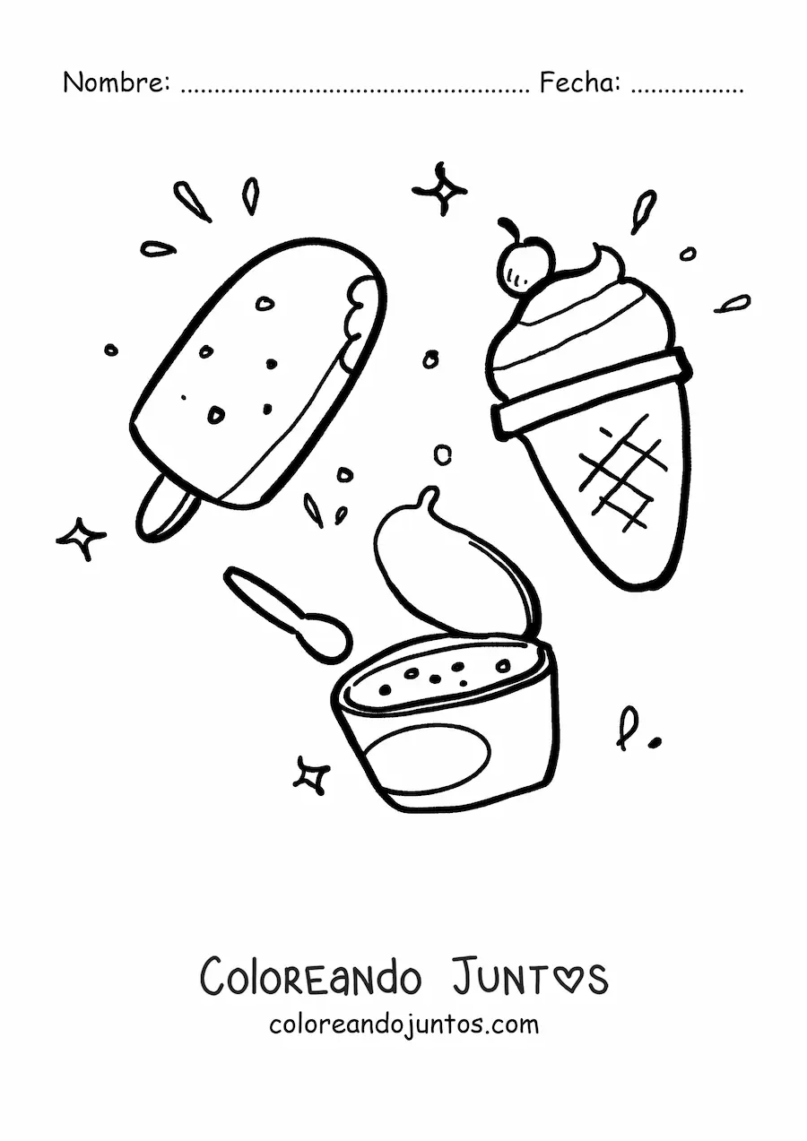 Imagen para colorear de un helado de vaso junto a uno de paleta y un helado de barquilla