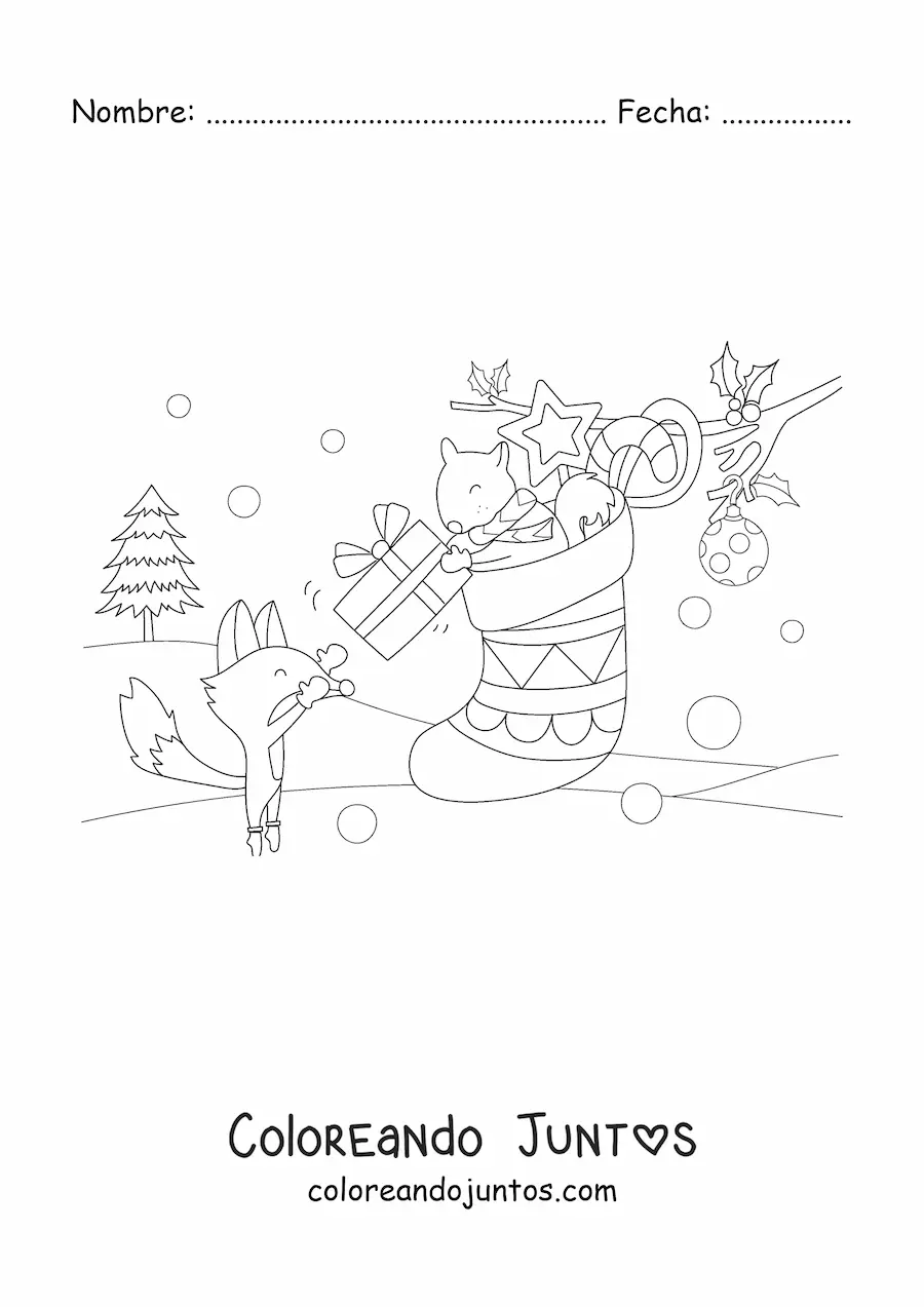 Imagen para colorear de ardilla kawaii en un calcetín navideño entregando un regalo a un zorro kawaii