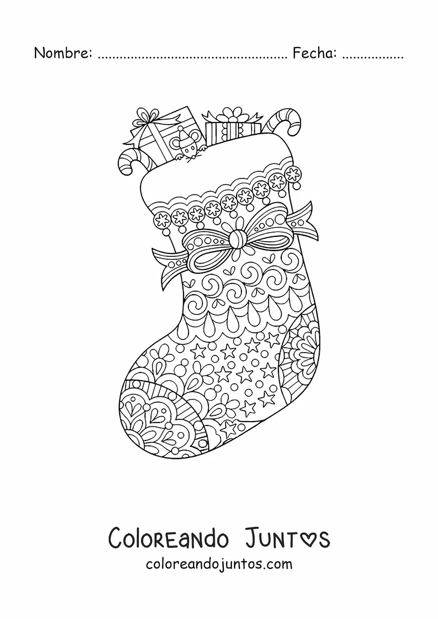 Imagen para colorear de bota navideña con regalos y lazo estilo zentangle