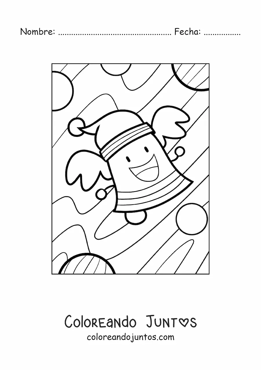 Imagen para colorear de campana navideña animada con gorro de Santa