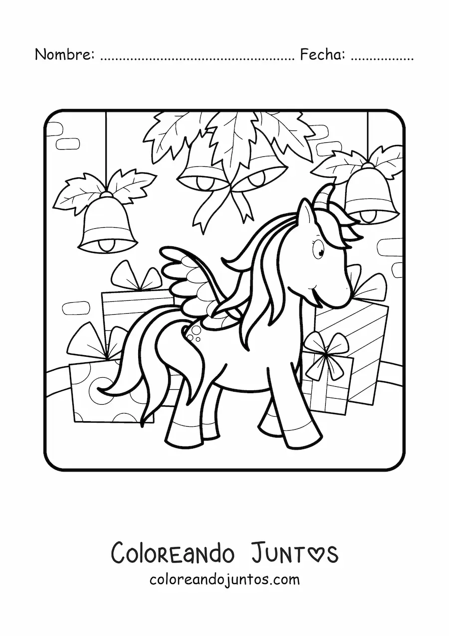 Imagen para colorear de unicornio con campanas de Navidad