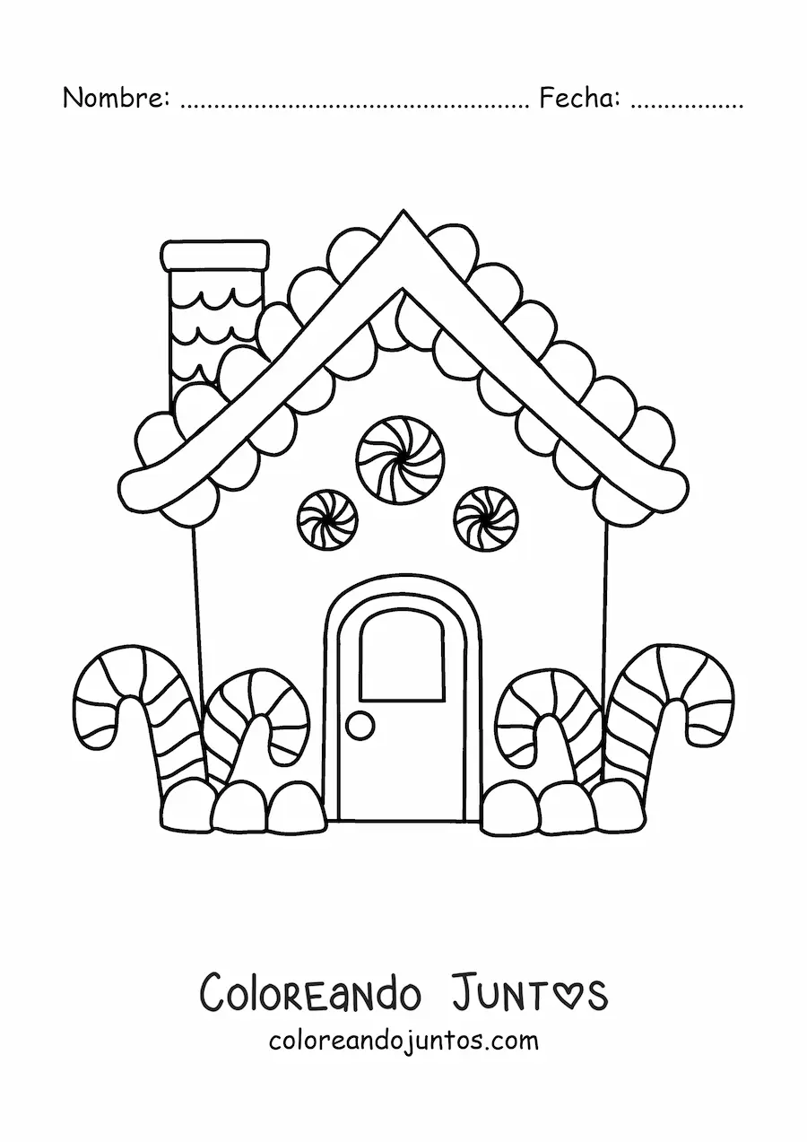 Imagen para colorear de casita de jengibre con bastones de caramelo