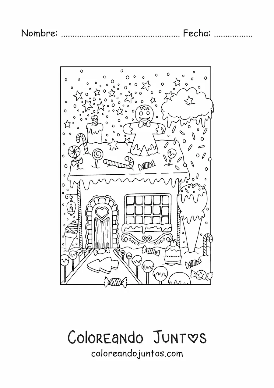 Imagen para colorear de casita de jengibre con jardín