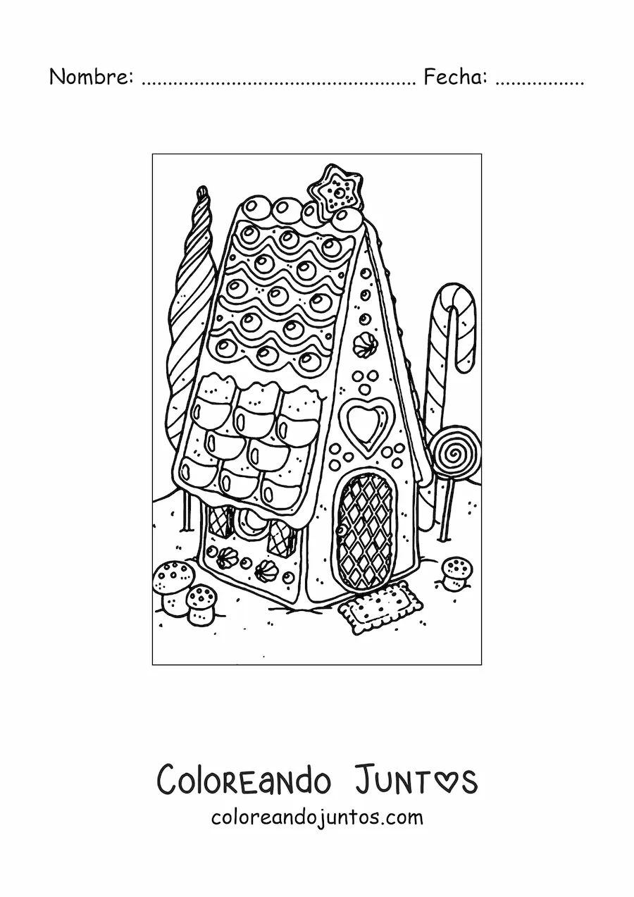 Imagen para colorear de casita de jengibre realista con jardín