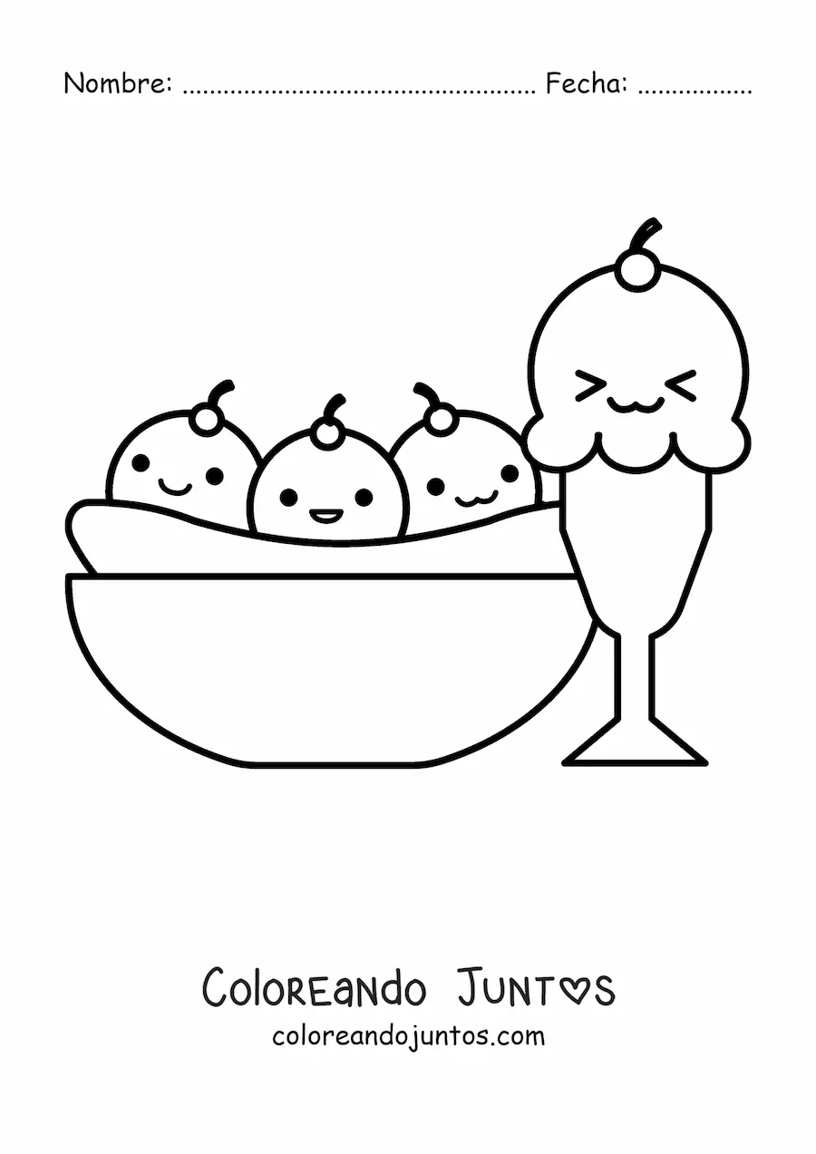 Imagen para colorear de un banana split y un helado de copa kawaii