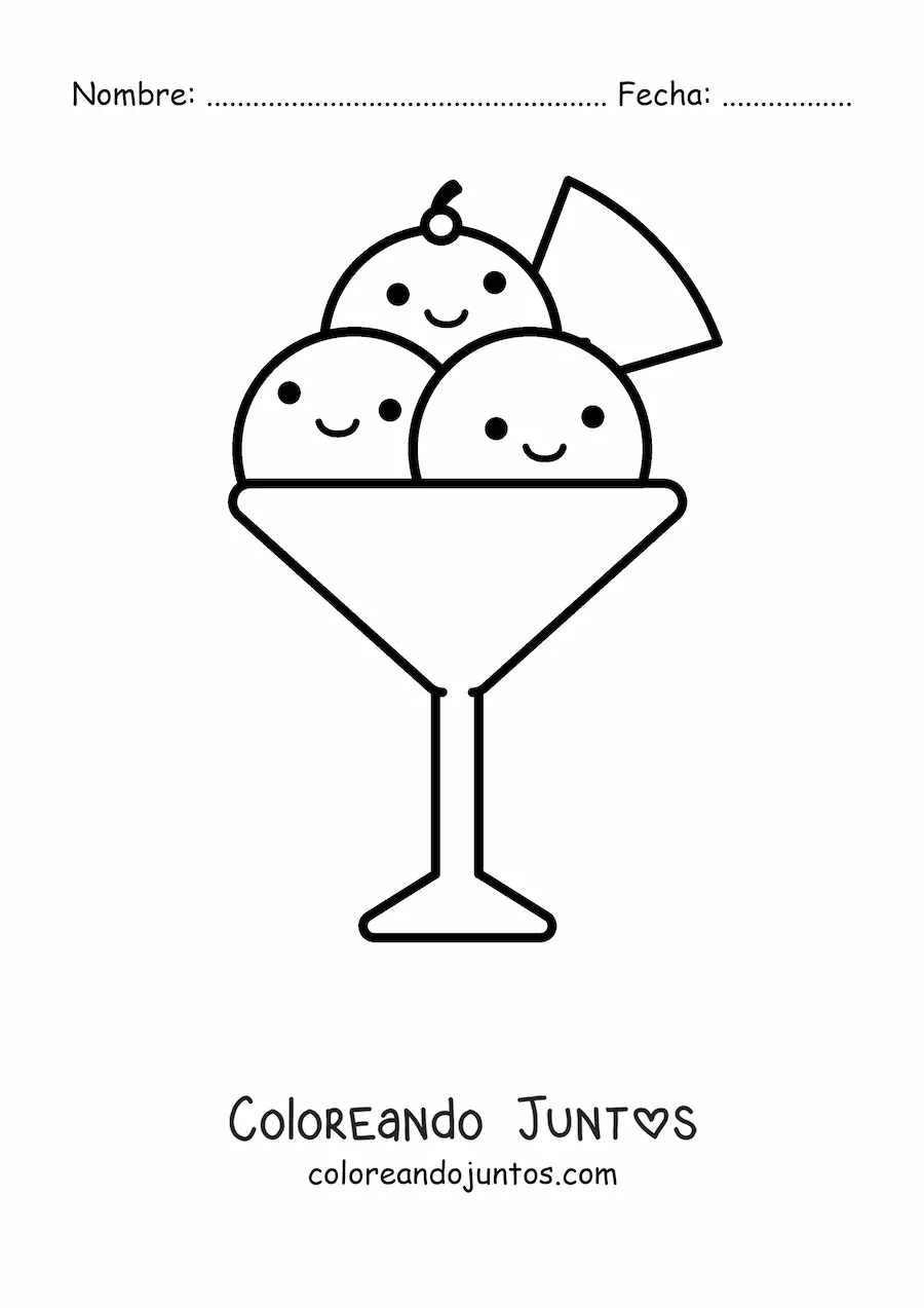 Imagen para colorear de una copa de helado kawaii