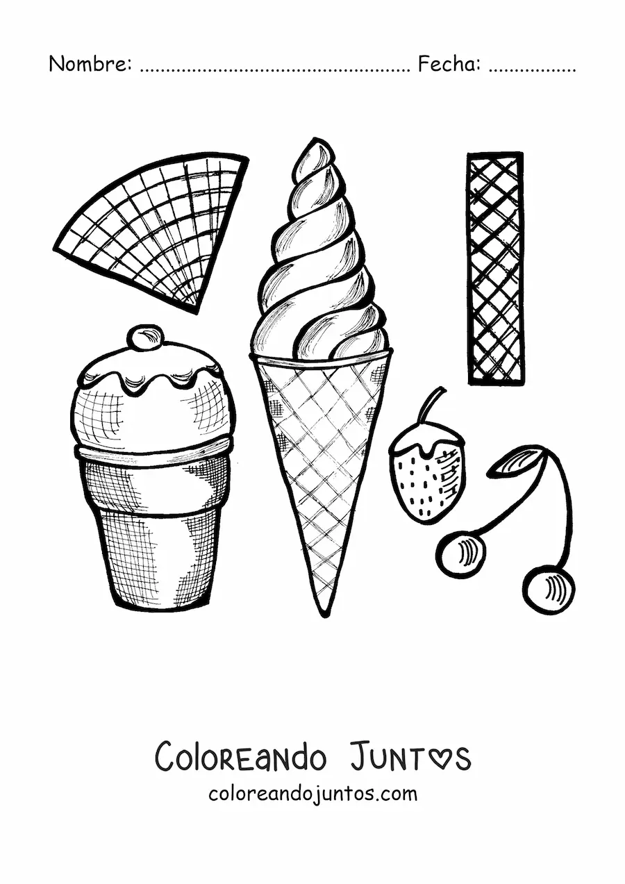Imagen para colorear de dos helados con barquillas fresa y cereza