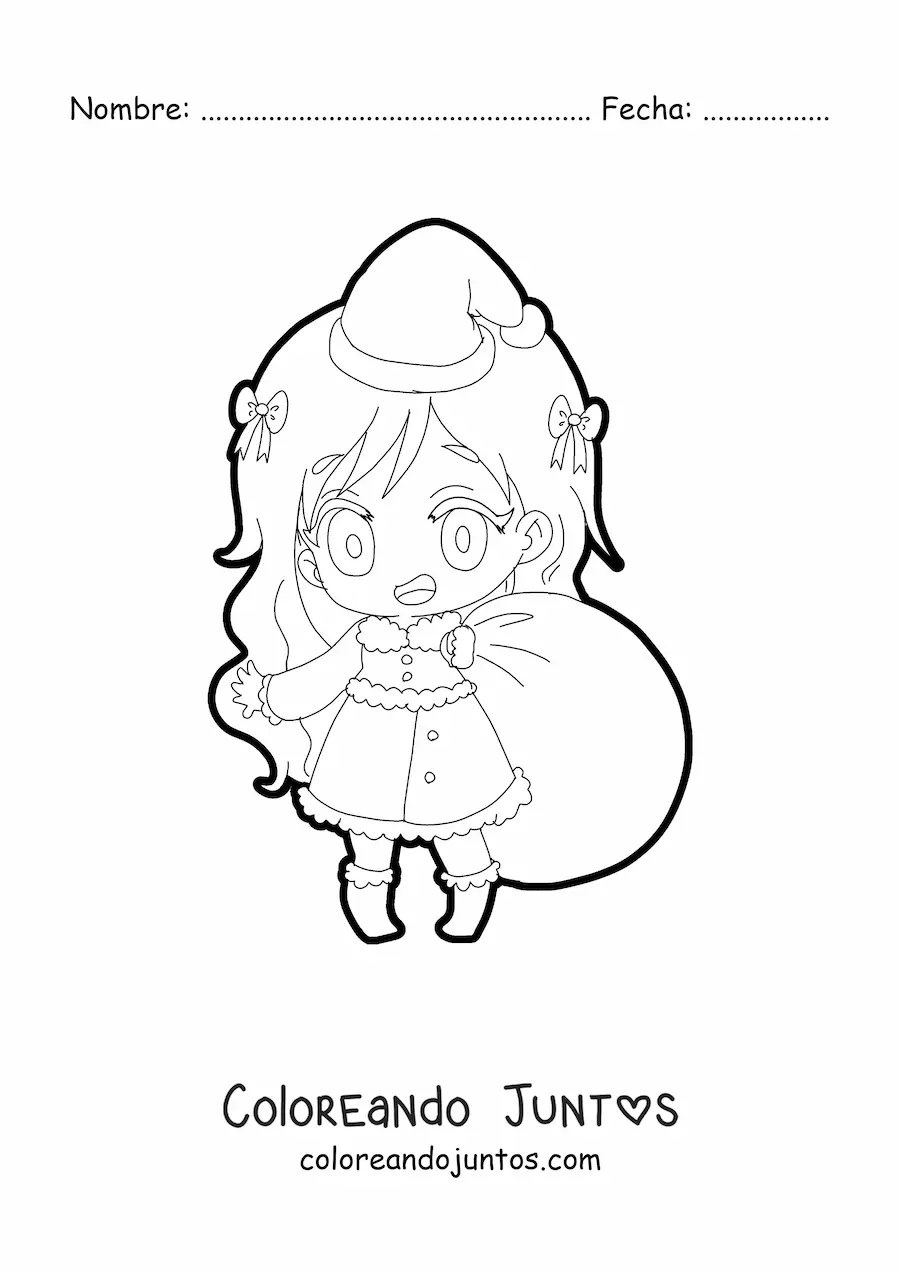 Imagen para colorear de niña kawaii con ropa navideña y saco de regalos estilo anime