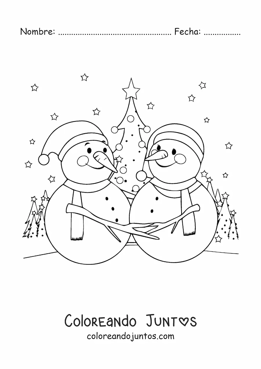 Imagen para colorear de dos muñecos de nieve con paisaje