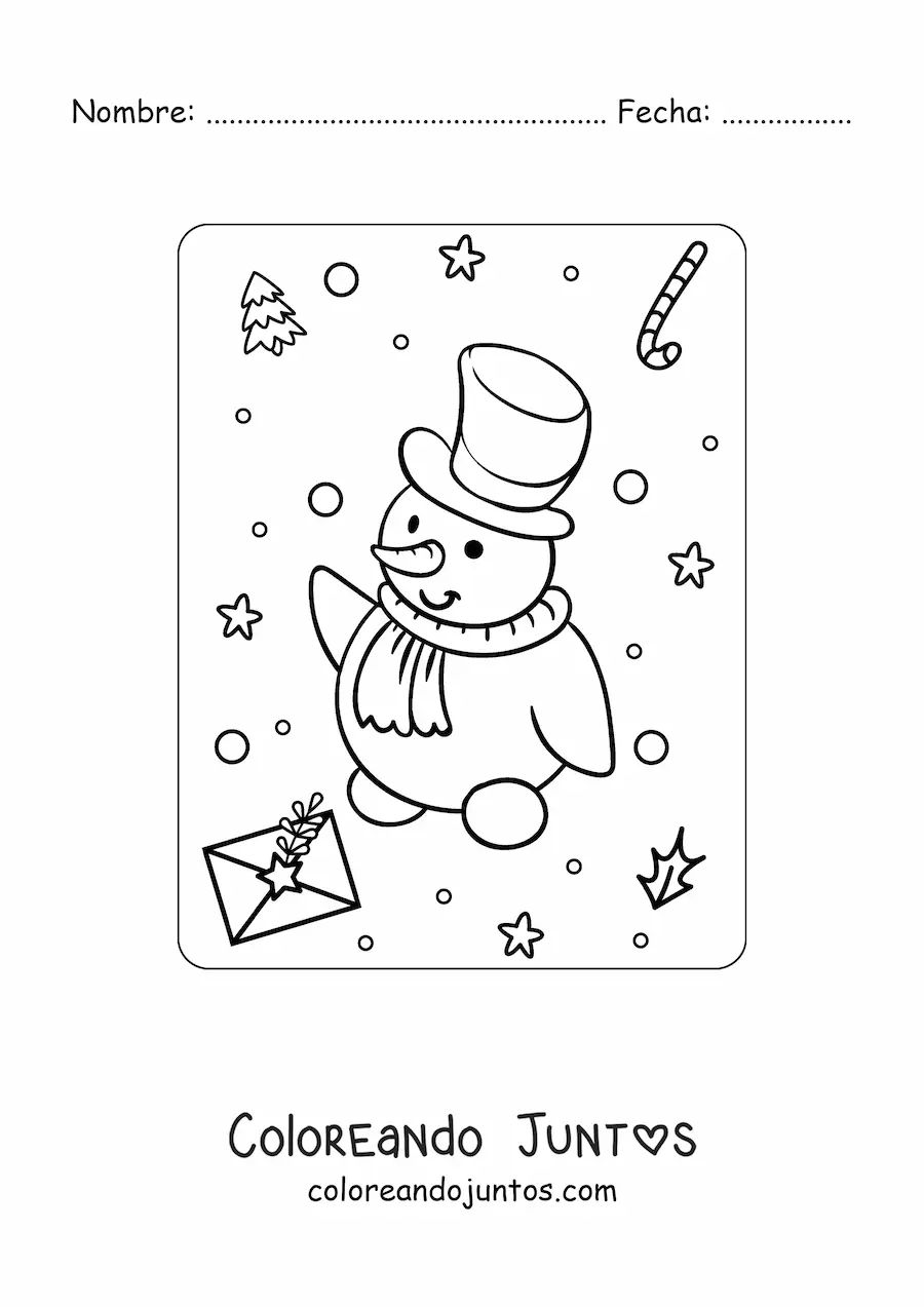 Imagen para colorear de hombre de nieve navideño kawaii