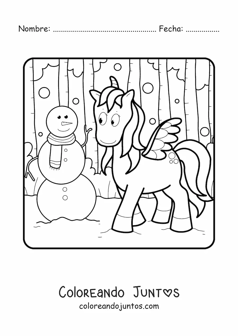 Imagen para colorear de muñeco de nieve con unicornio