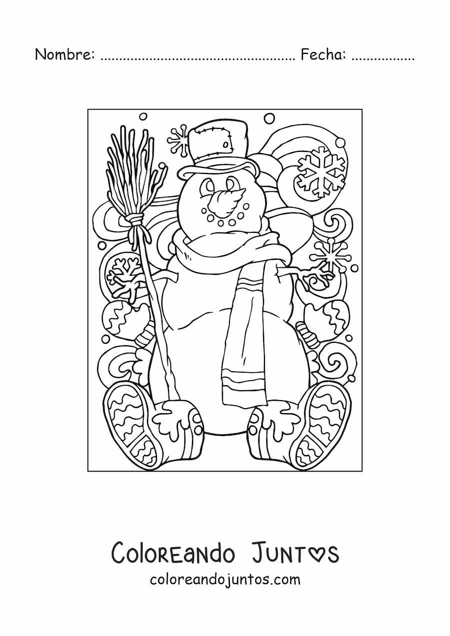 Imagen para colorear de muñeco de nieve con sombrero y escoba