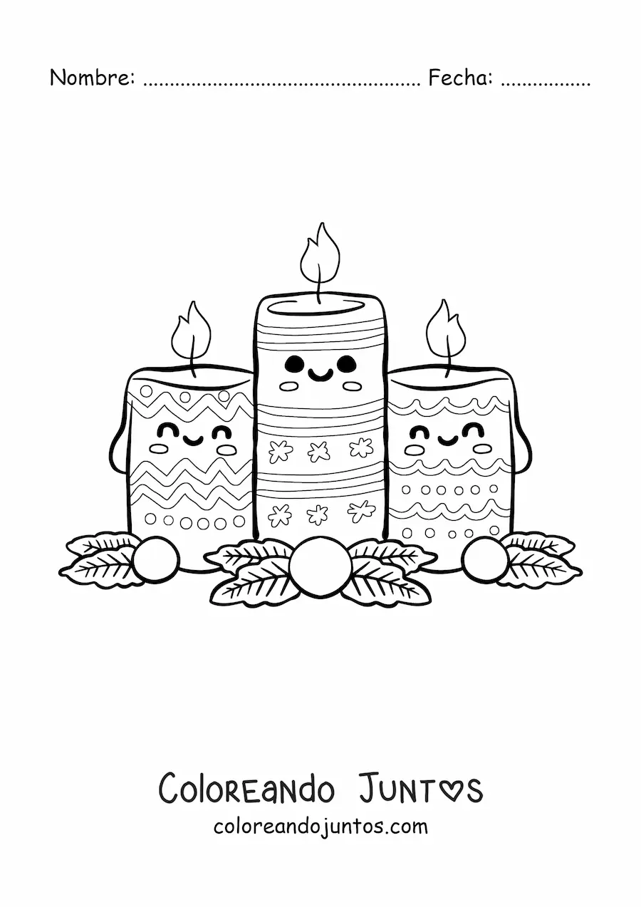 Imagen para colorear de velas de Navidad kawaii animadas con motivos navideños