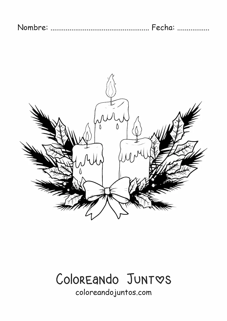 Imagen para colorear de velas de Navidad con ramas de pino