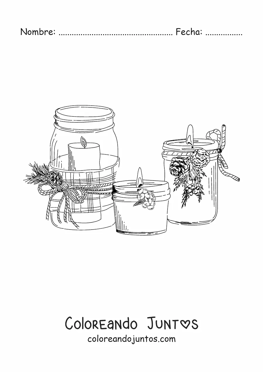 Imagen para colorear de velas de Navidad realistas en frascos